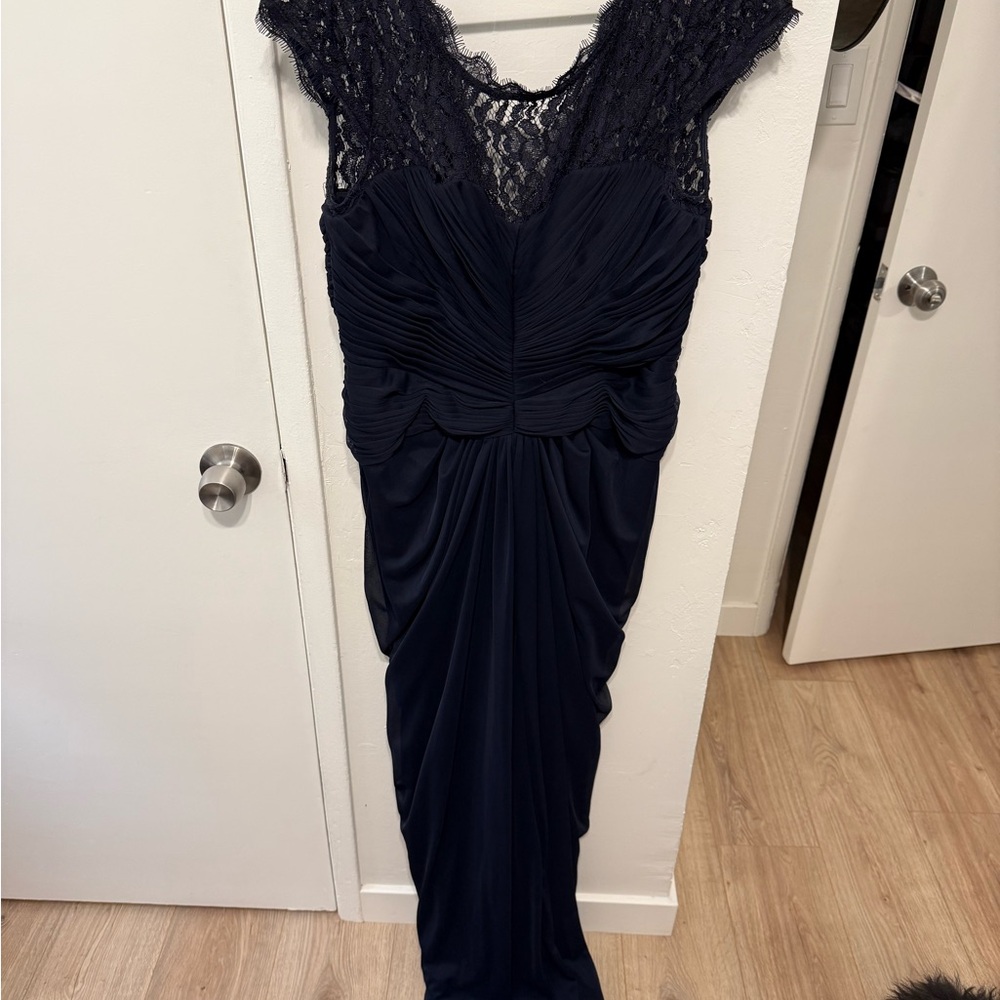 Adrianna Papell Elegant Navy Lace Evening Gown